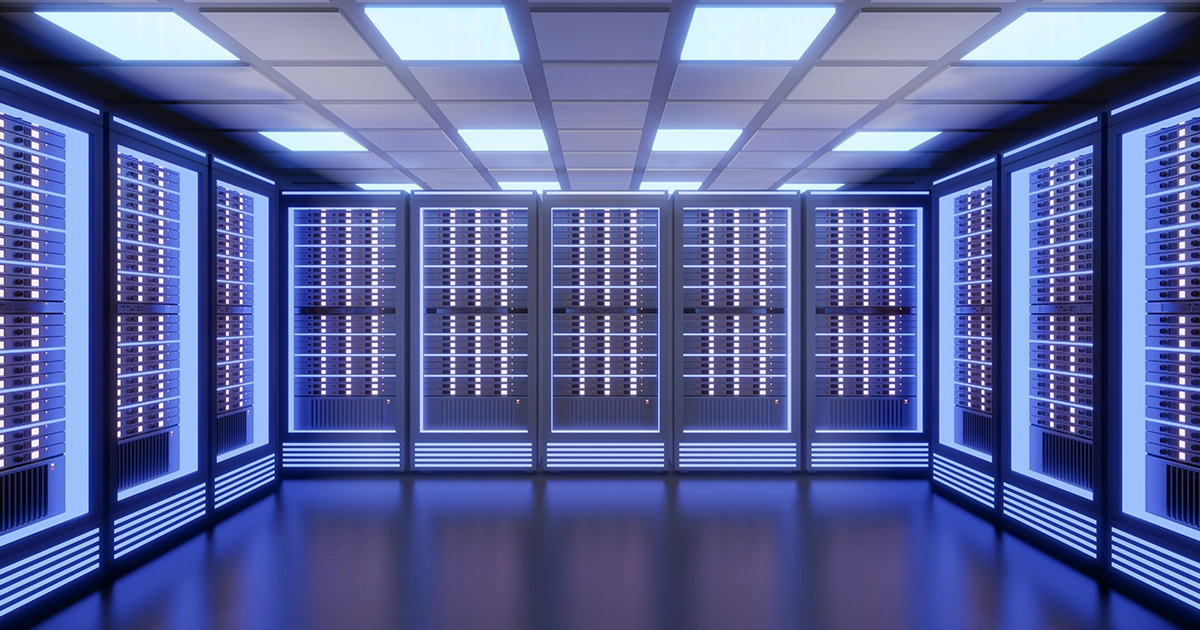 Baies de serveurs dans un centre de données illustrant l'hébergement web d'un site d'entreprise